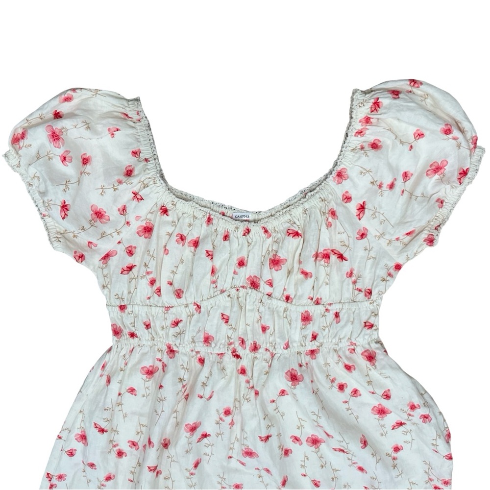 Sim & Sam Cream Mini Dress Chic Pink Floral Puff Sleeve Smocked fit and Flare - Picture 4 of 8